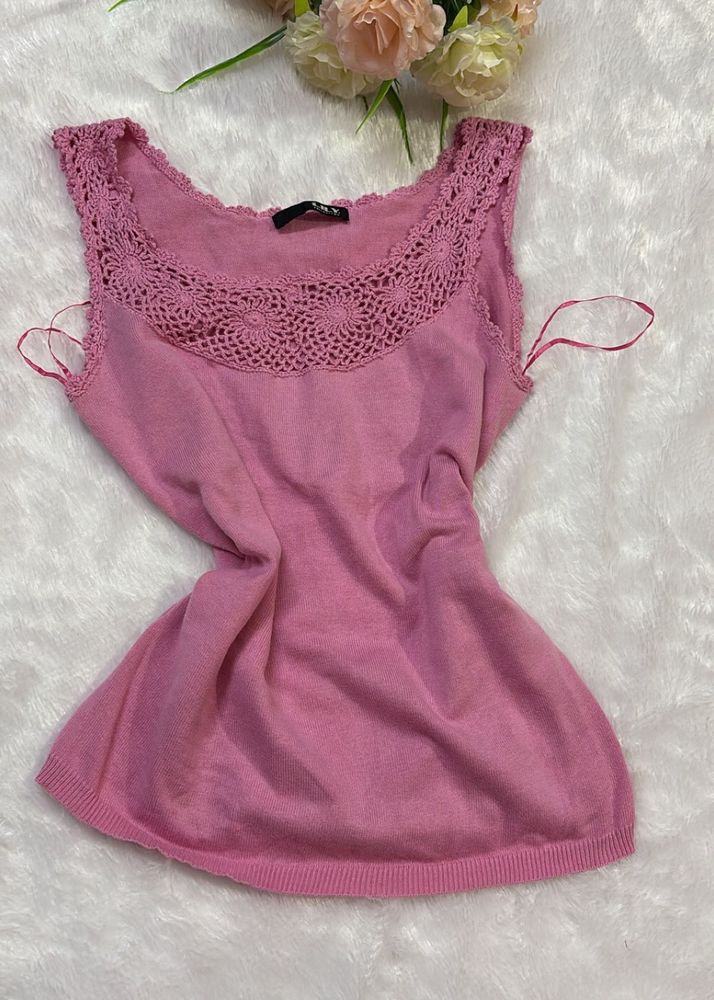 Pink Crochet Neck Tank Top