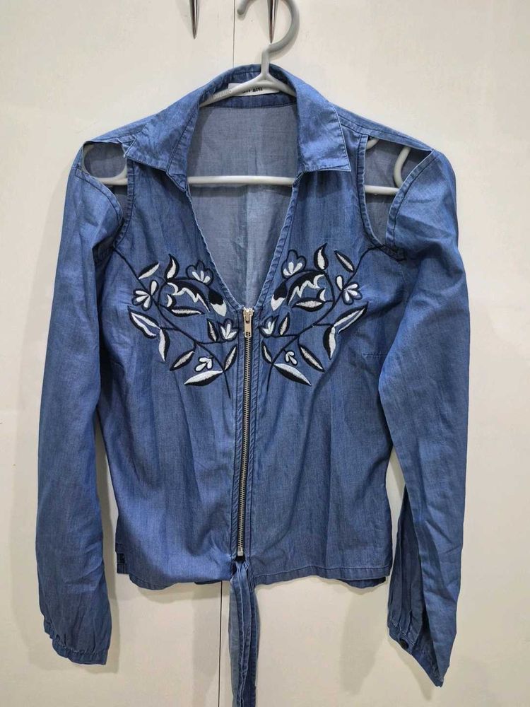 Embroidered Cotton Denim Zip-Up Top