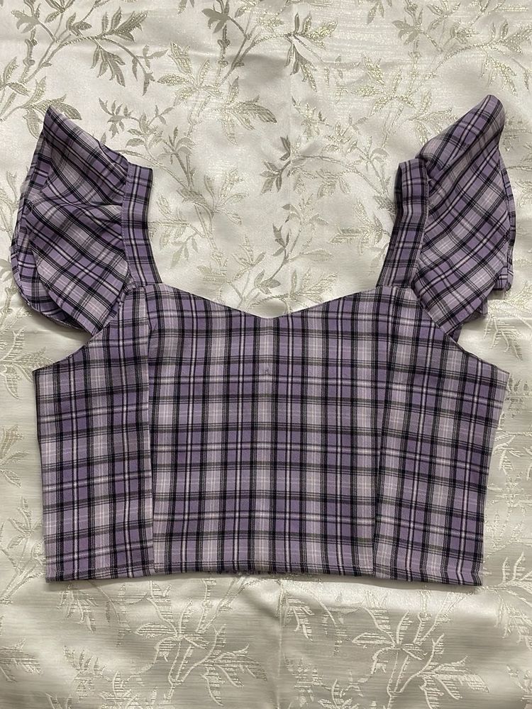 Purple Plaid Ruffle Sleeve Top