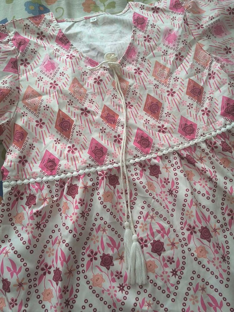 Boho Pink Floral Print Tassel Kurta
