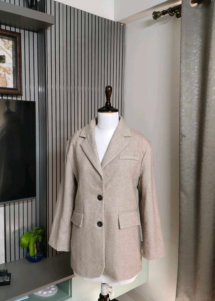 Beige Herringbone Tailored Blazer
