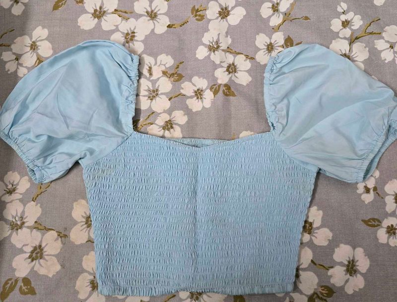 Light Blue Puff Sleeve Smocked Crop Top