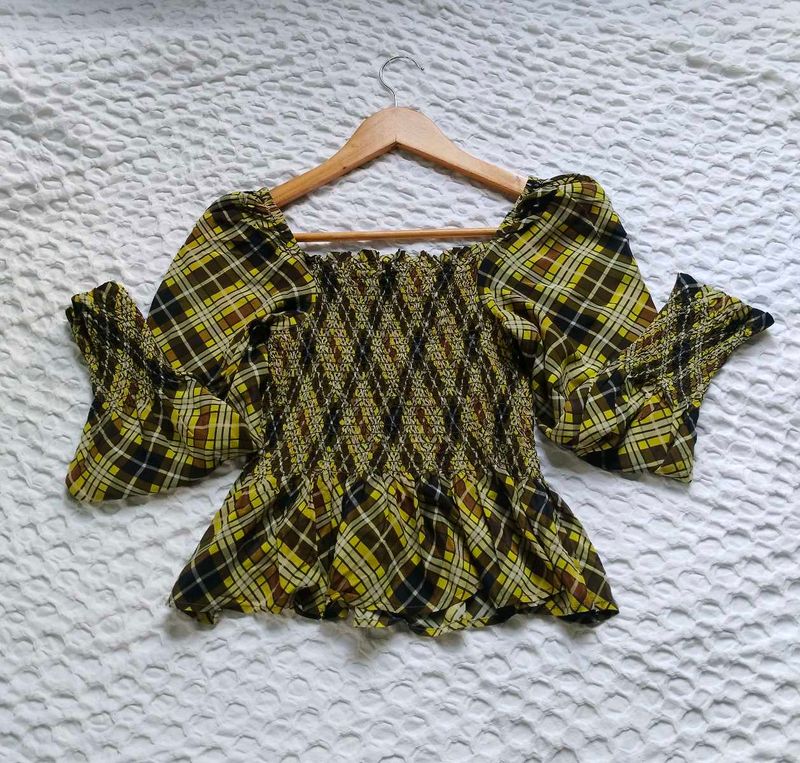 Smocked Plaid Off-Shoulder Top