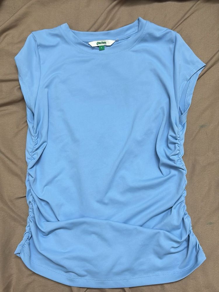 cap sleeved ruched fitted baby blue top