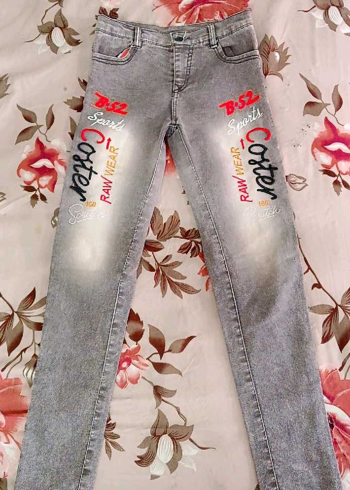 Stylish Grey Jeans with Graphic Print