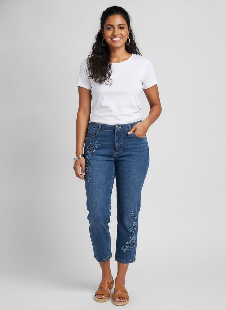 Embroidered Blue Denim Capris