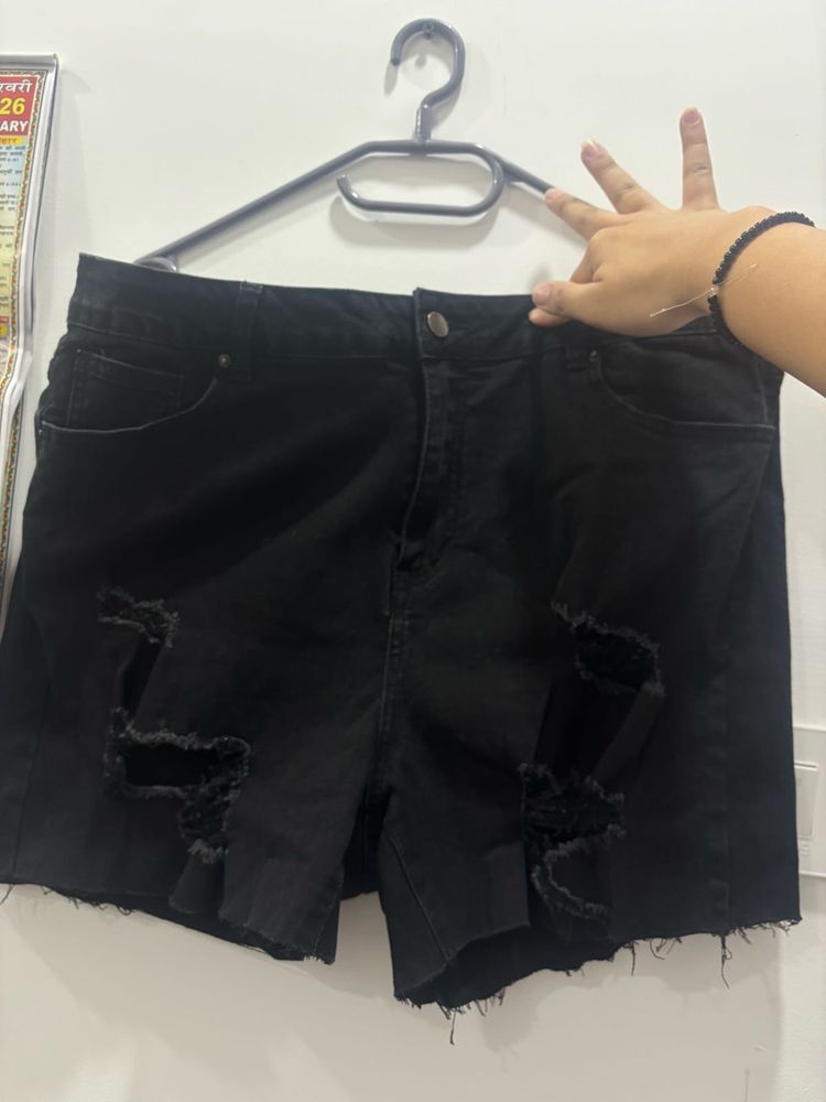 Distressed Black Denim Shorts