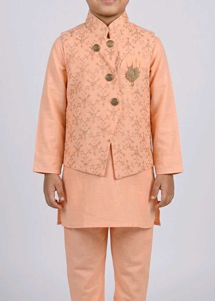 Boys Peach Kurta Set with Nehru Jacket