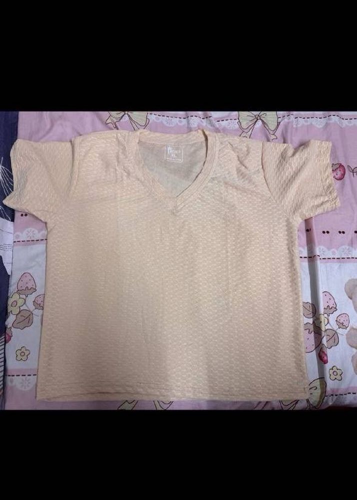 Cream Textured V-Neck T-Shirt