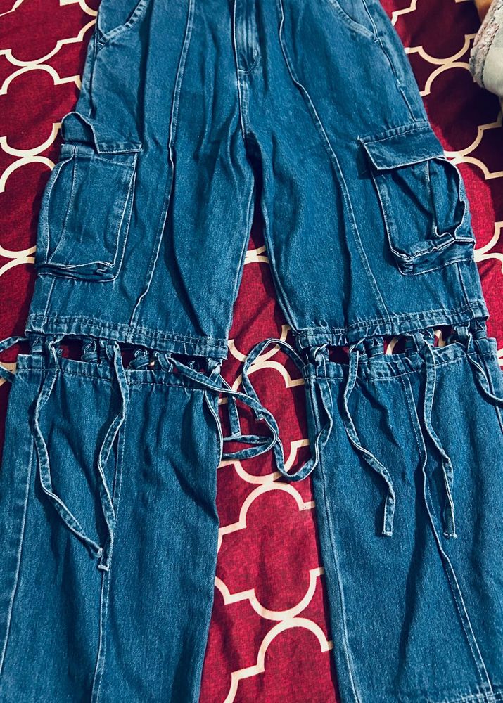 Denim Cargo Pants with Ties