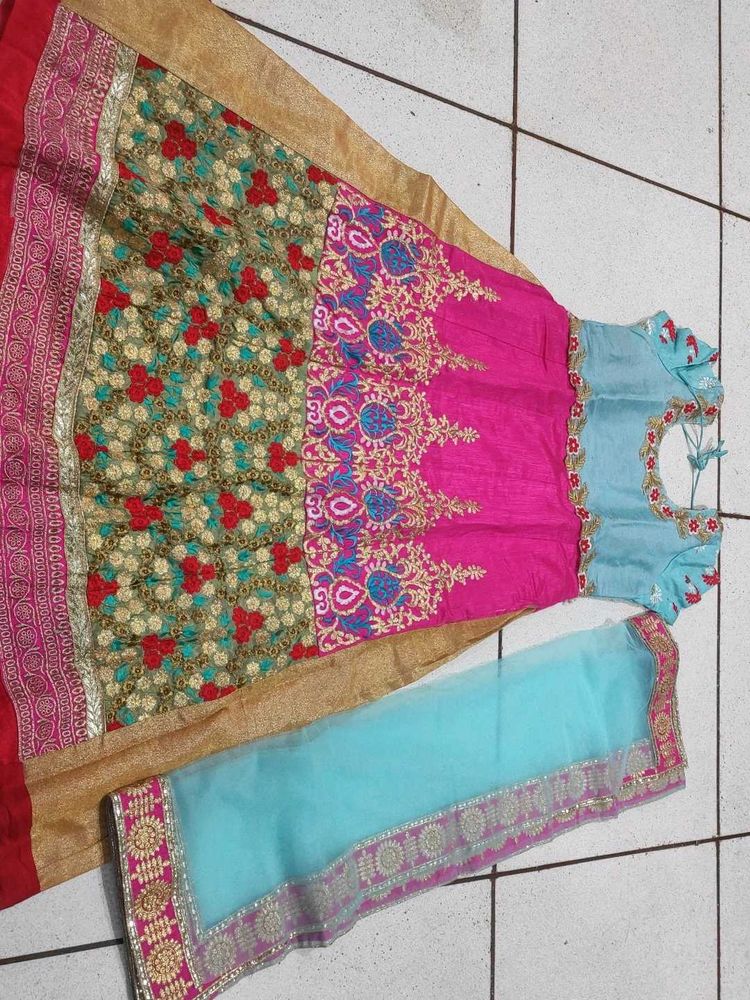 Pink &amp; Blue Embroidered Kurta Set