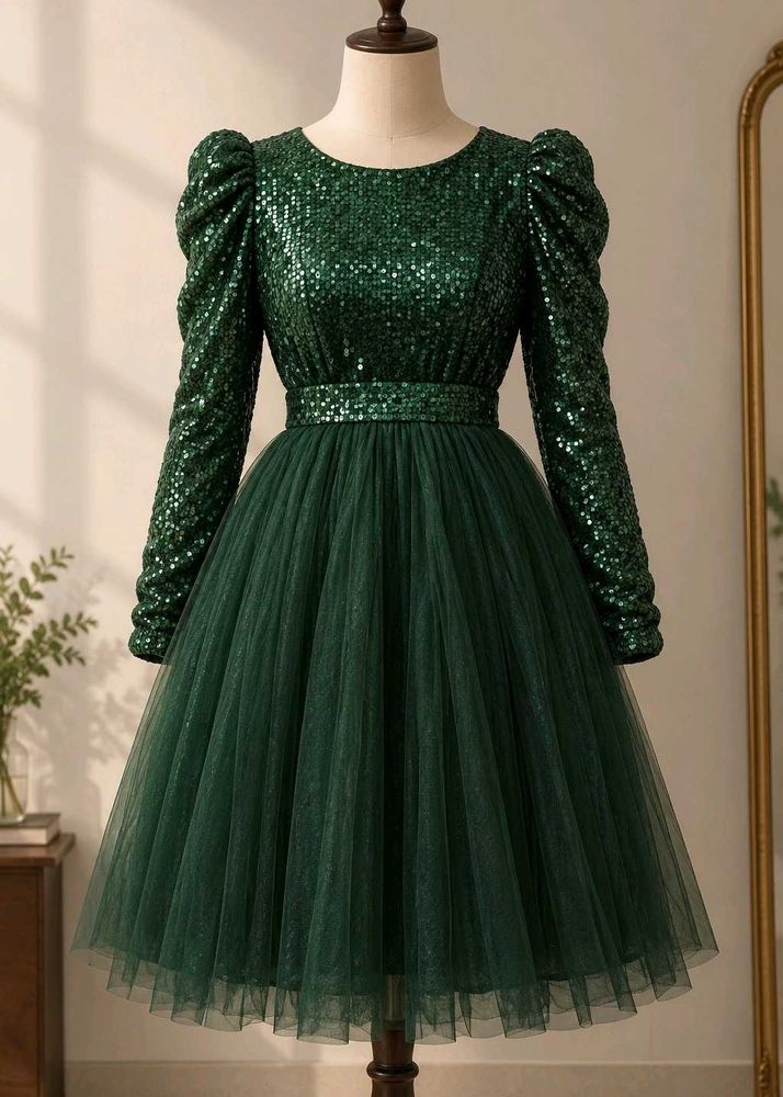 Emerald Green Sequin Puff Sleeve Dress