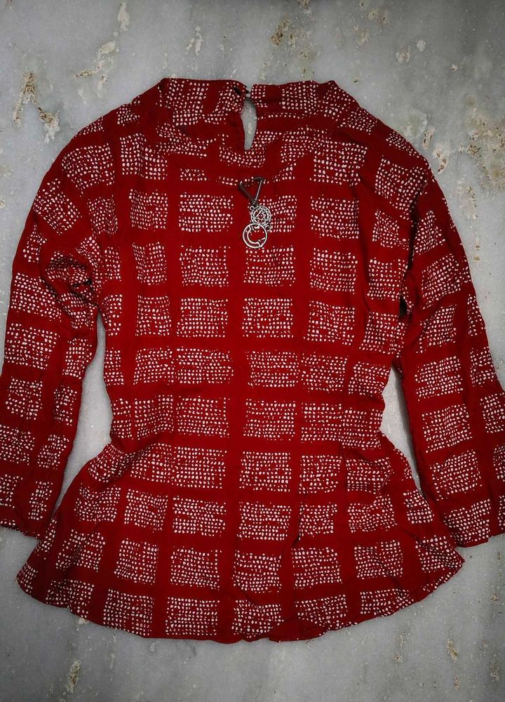 Red &amp; White Patterned Peplum Top
