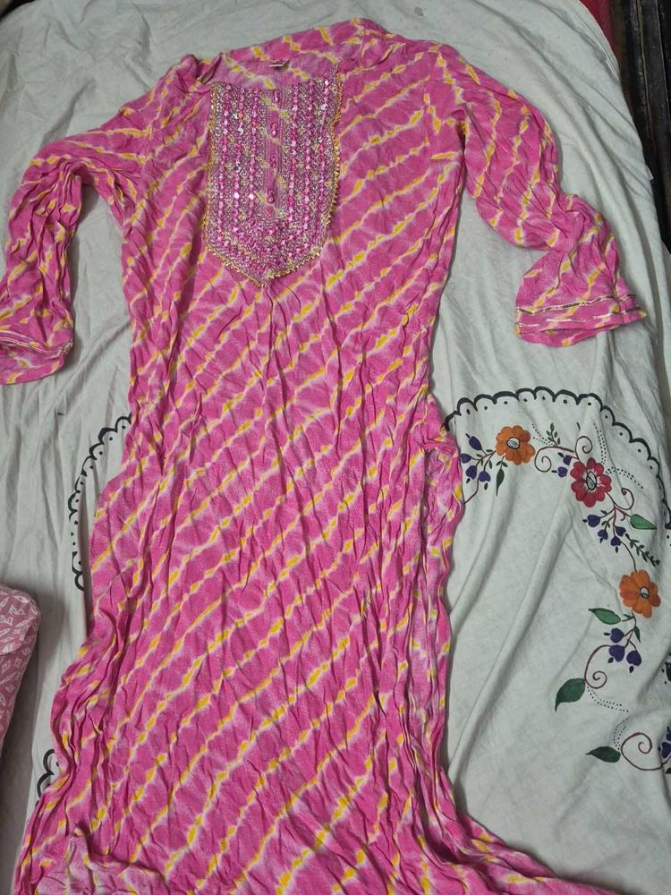 pretty mirror work pink kurta