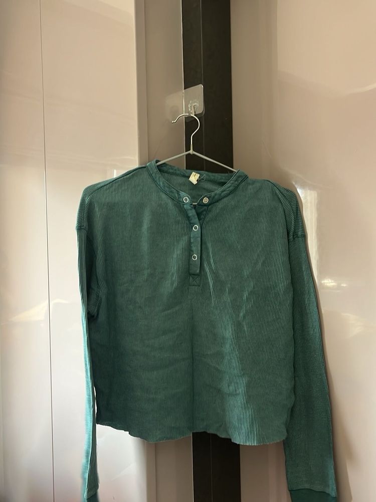 Teal Corduroy Long Sleeve Crop Top