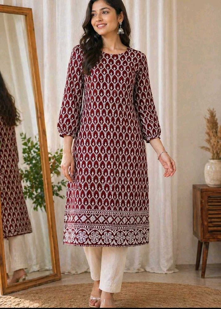 Maroon Printed Kurta with Trousers