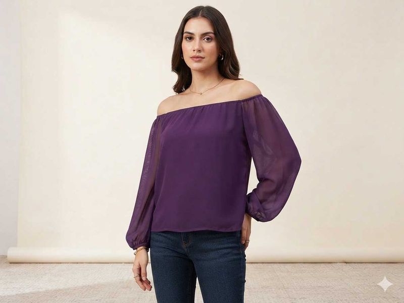 Women's Georgette Off Shoulder Balloon Sleeve Top