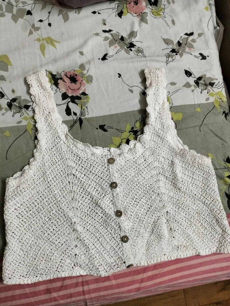 ⚡White Crochet Button-Up Crop Top