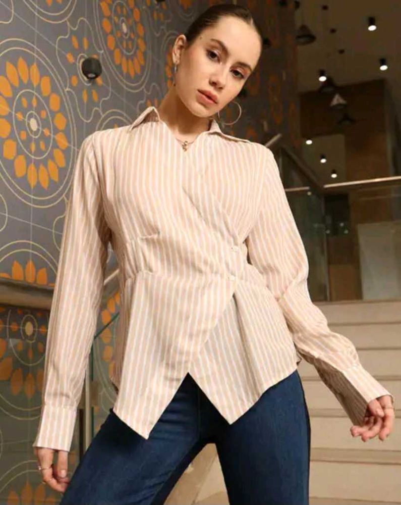 Shein Striped Button-Down handkerchief Cream Shirt