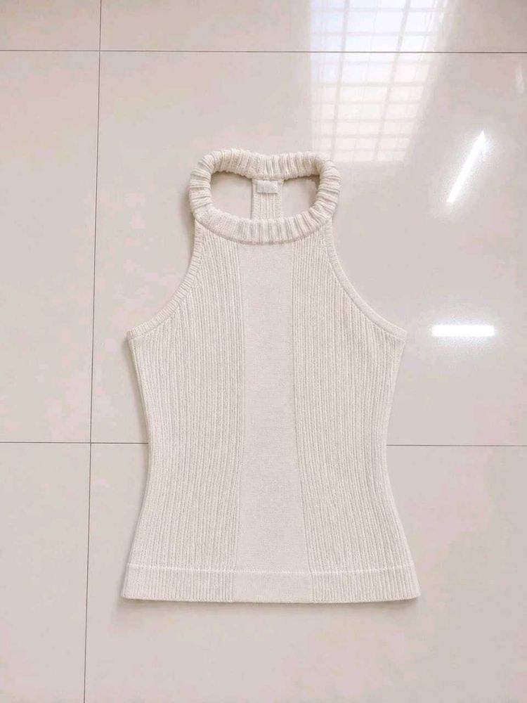 Cream Ribbed Halter Neck Top