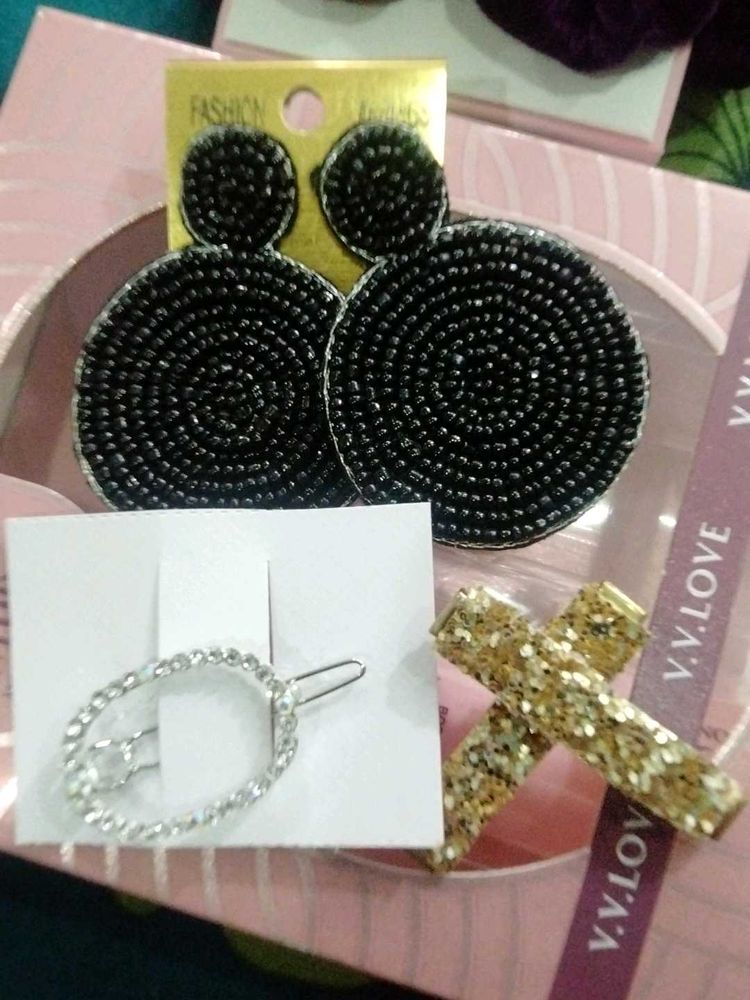 Sparkly Hair Clips(handmade) and Beaded Earrings S