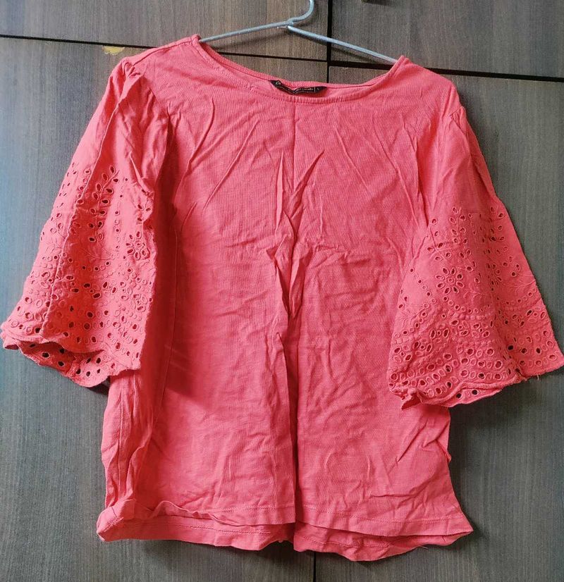 Coral Pink Top with Flared Sleeves