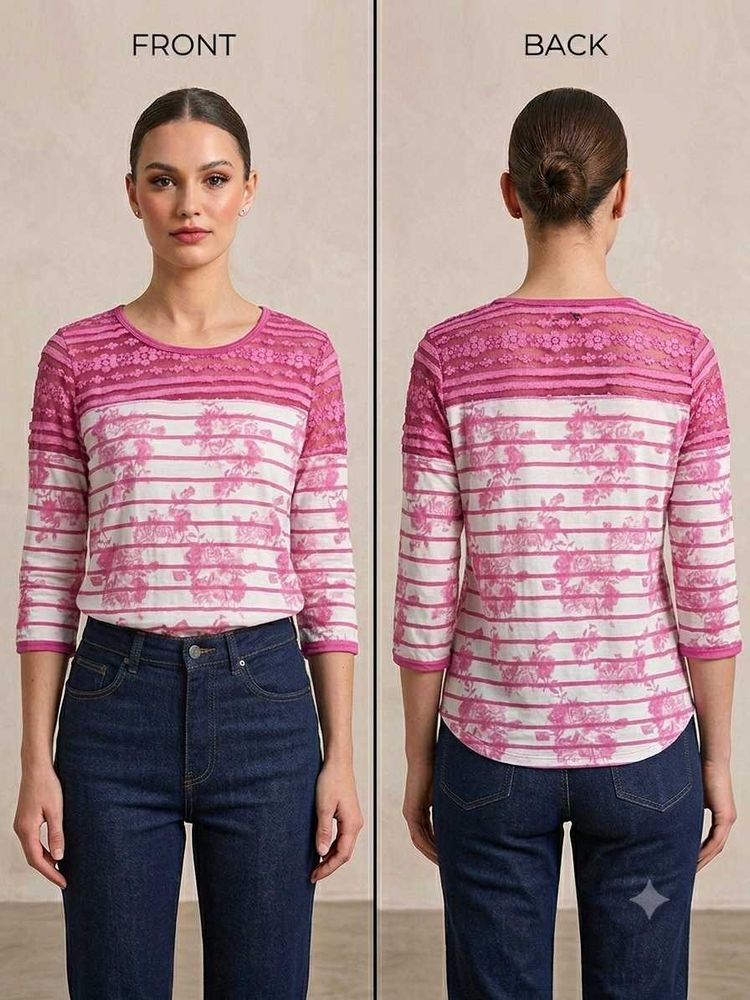 Pink Floral Stripe Lace Trim Top
