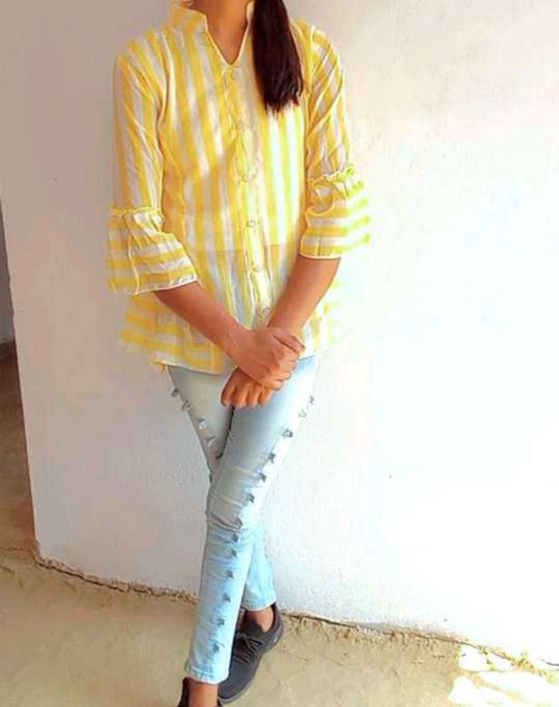 Yellow Striped Ruffled Sleeve Top