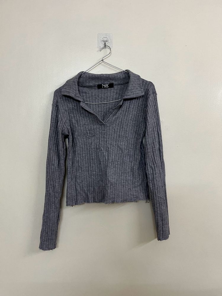 Grey Ribbed Collared Long Sleeve Top