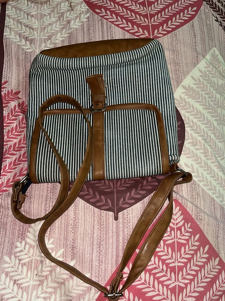 Striped &amp; Faux Leather Backpack