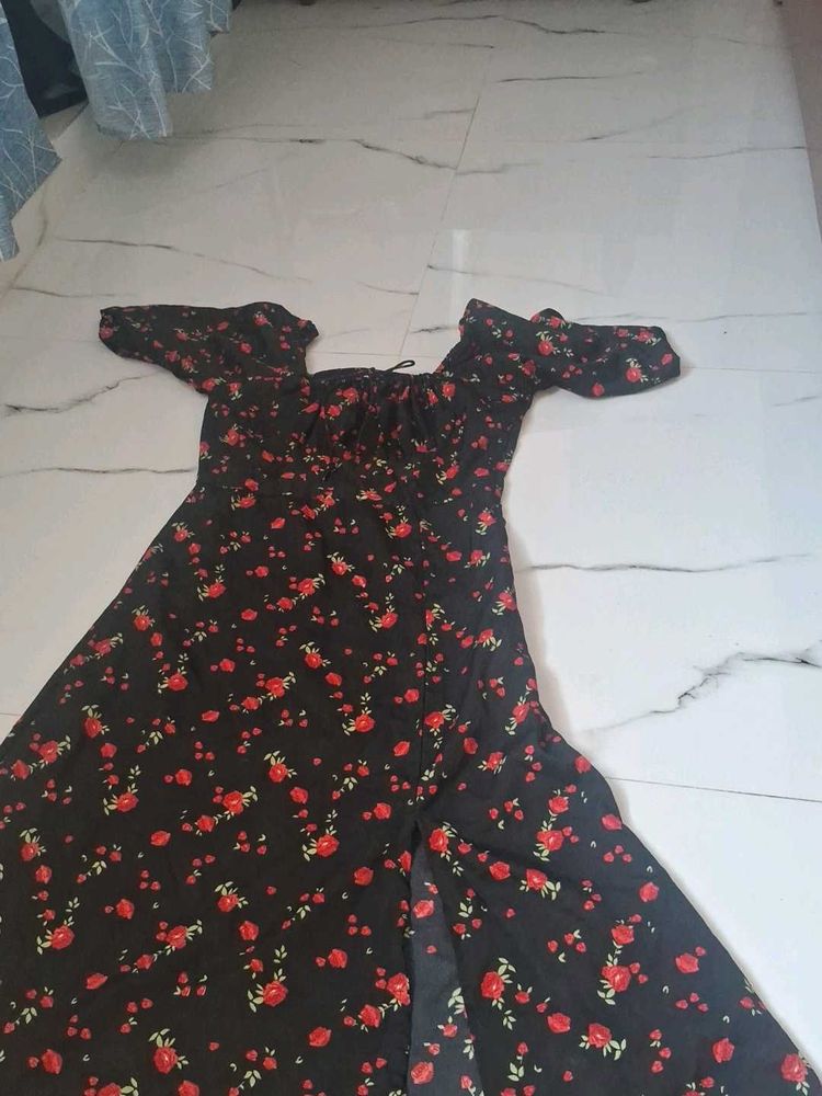 Black Floral Print Midi Dress
