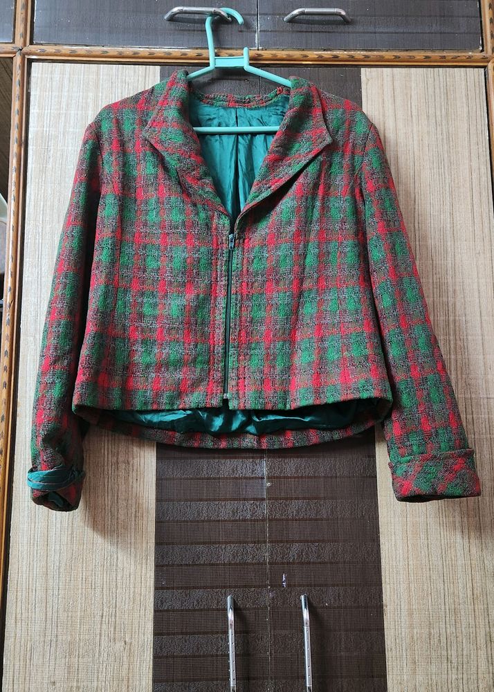 Christmas Theme Checkered Tweed Crop Jacket