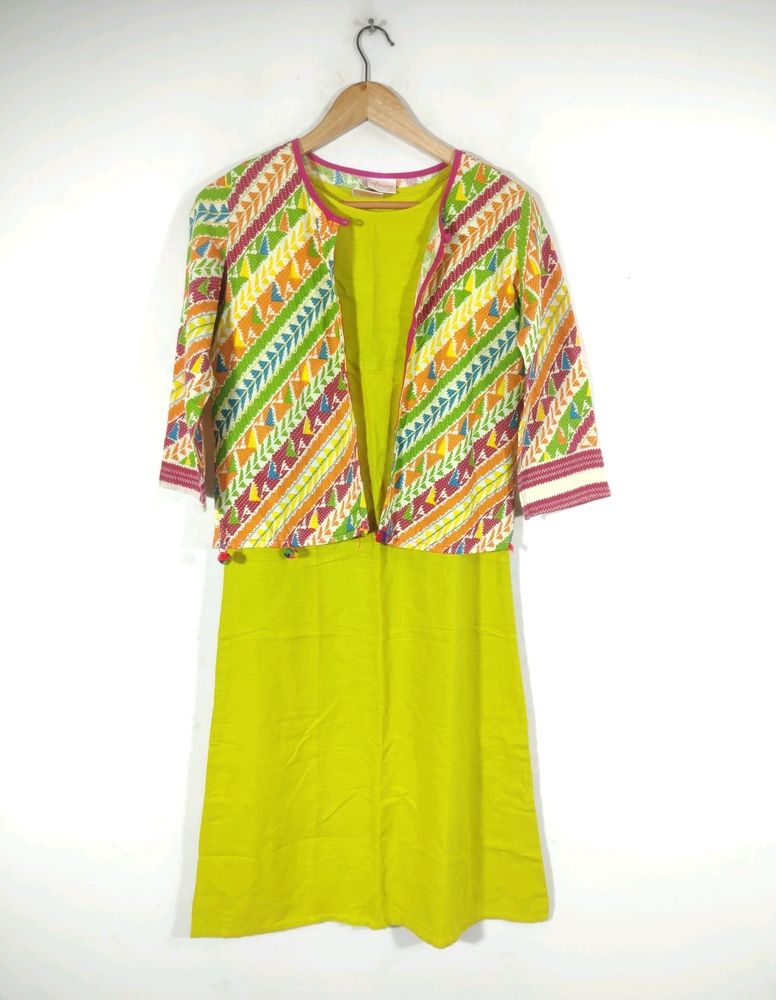 Aania Lime Green Kurta With Printrd Shrug (Women)