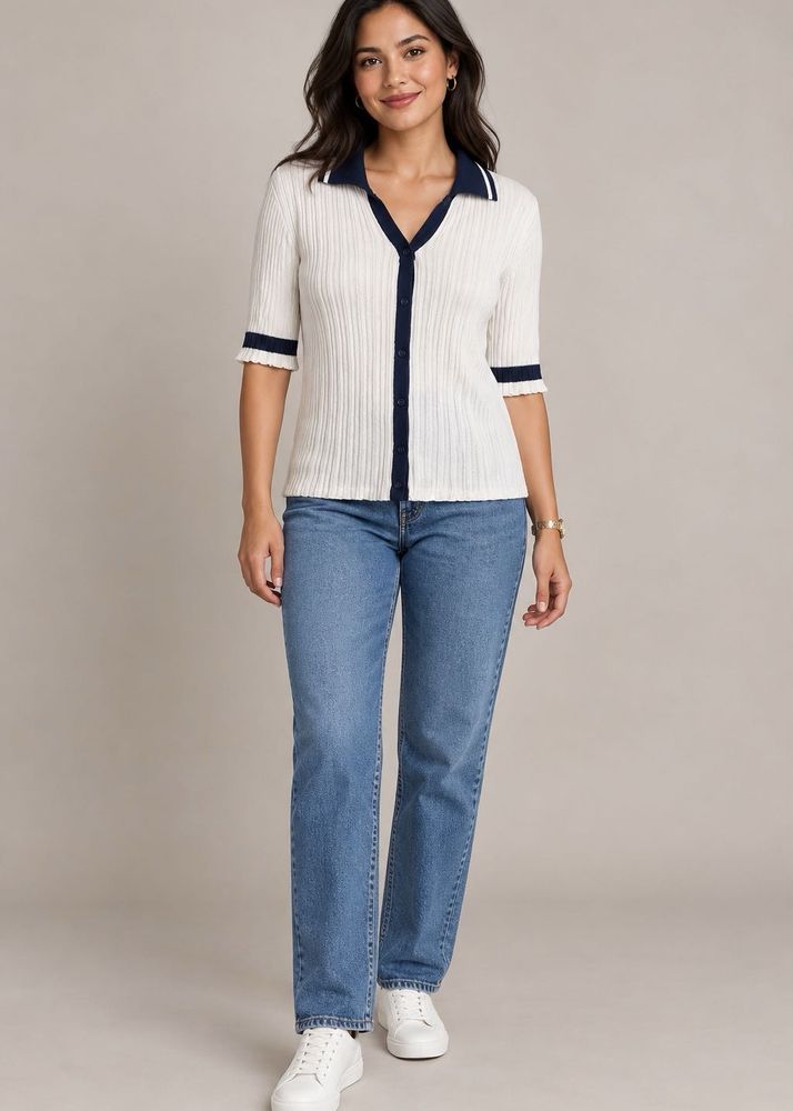Classic White Ribbed Polo Top