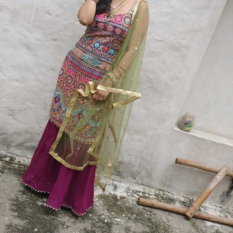Embroidered Kurta with Palazzo and Dupatta