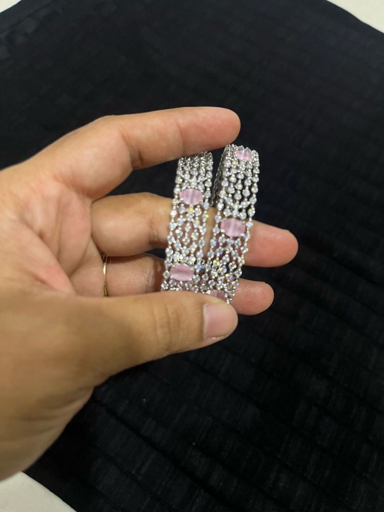Elegant CZ &amp; Pink Stone Bangle Set