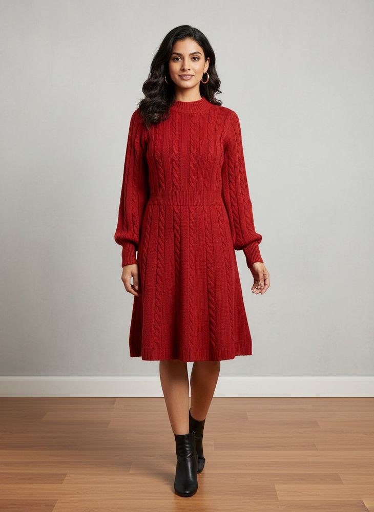 Red Cable Knit Sweater Dress