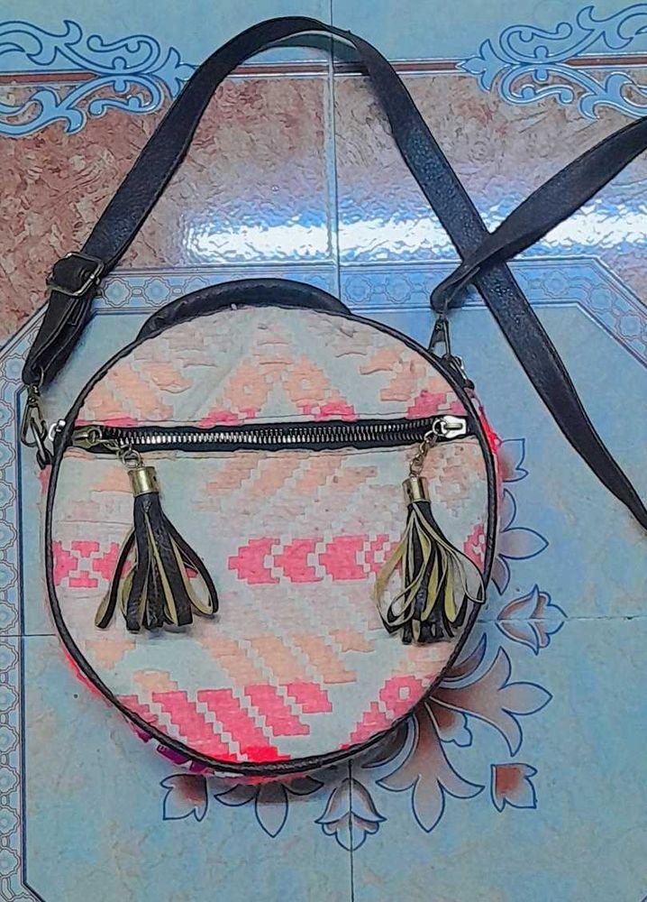 Round Boho Shoulder Bag with Tassels