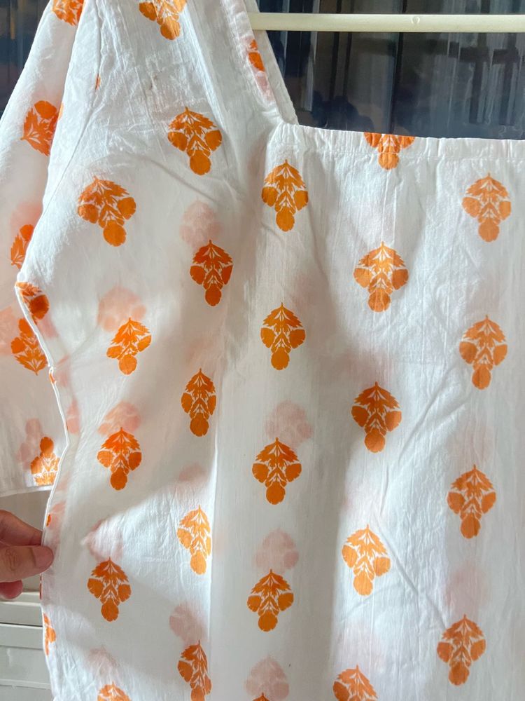 White Cotton Blouse with Orange Print