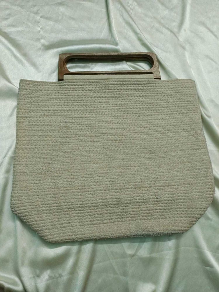 Cotton Jute Handbag With Wooden Handle