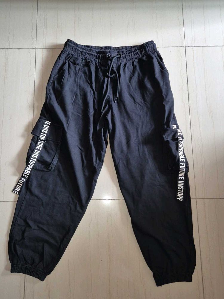 Black Cargo Pants with Slogan Print