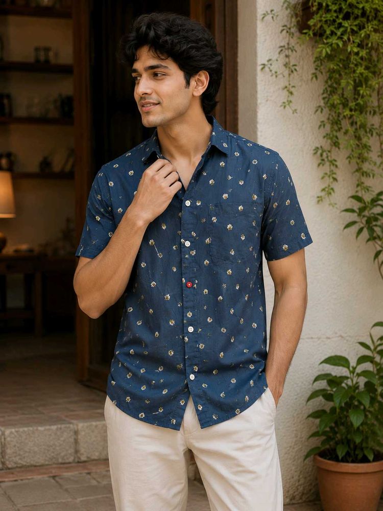 Men's Blue Floral Printed Short Sleeve Shirt