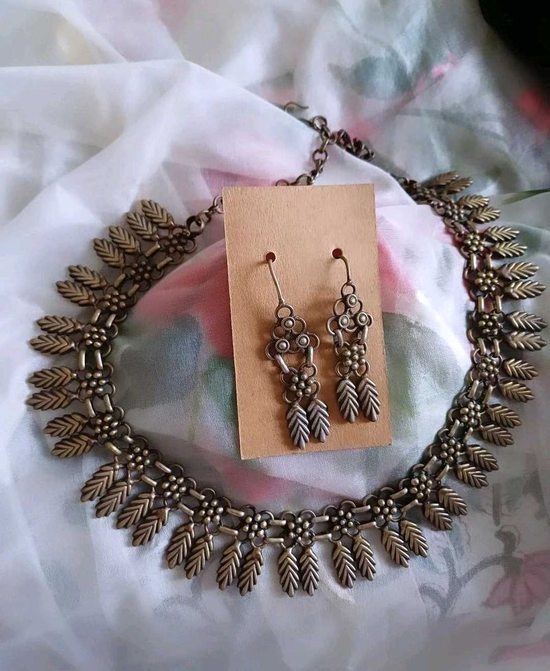 Brass Handmade Leaf Necklace &amp; Earring Set