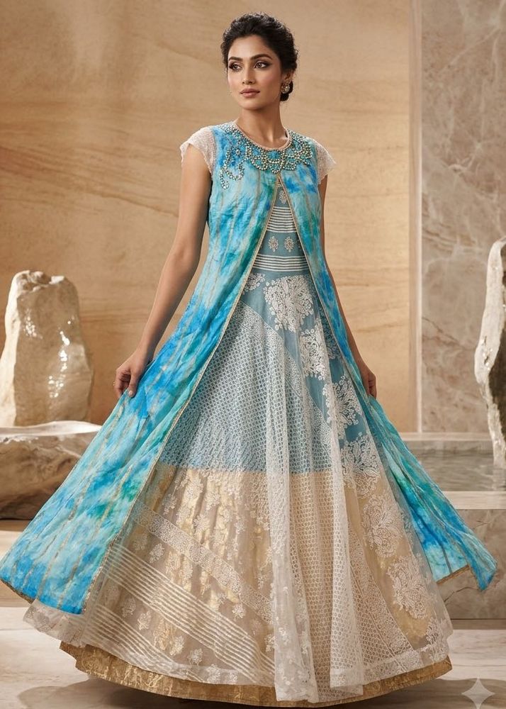 Stunning Blue &amp; White Ethnic Gown