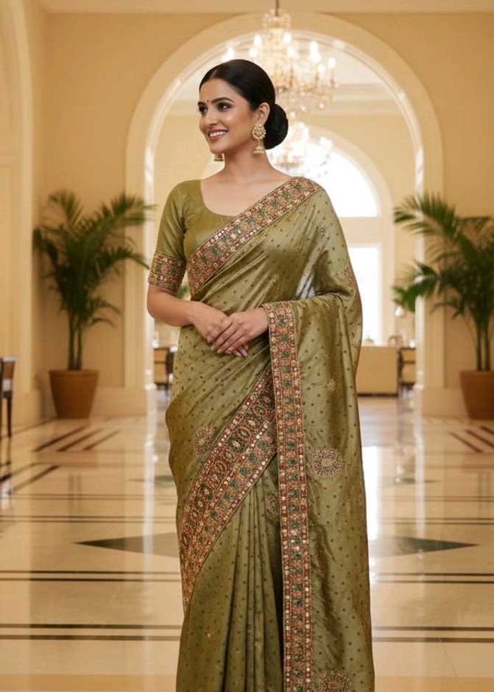 Elegant Olive Green Silk Saree