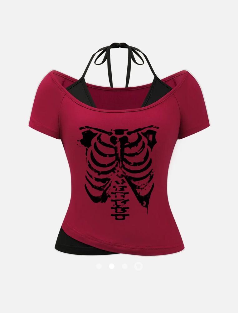 Red Gothic Skeleton Print Off-Shoulder Tie-Up Top