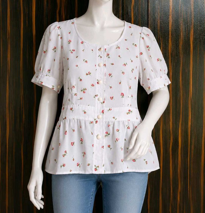 White Floral Button-Up Peplum Top