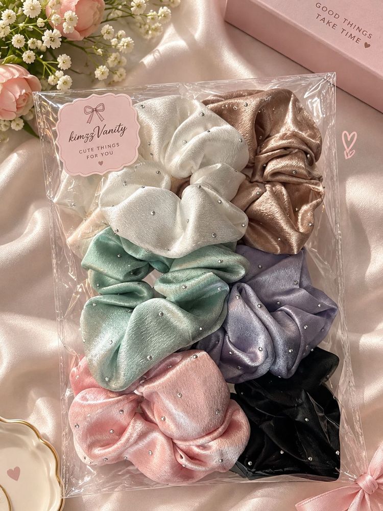 Set of 6 Sparkly Satin Scrunchies