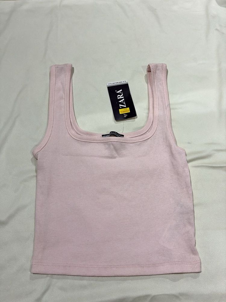 Zara Pink Ribbed Square Neck Tank Top
