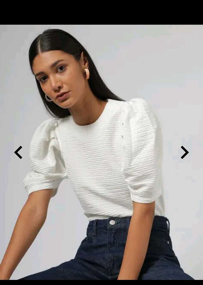 White Textured Puff Sleeve Top